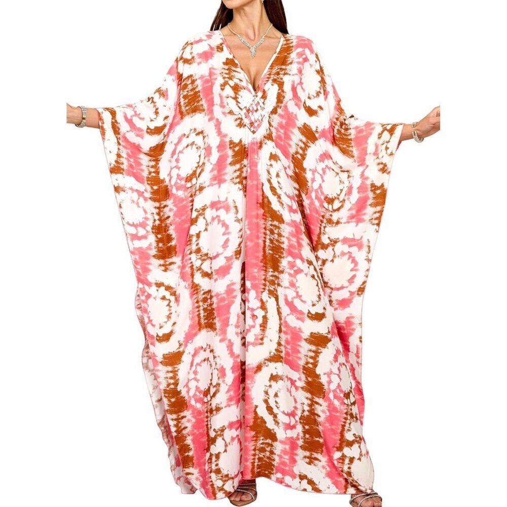 Women's Pink Tie-die Floral V-Neck Batwing Sleeves Summer Cover Up Kaftan Dress
